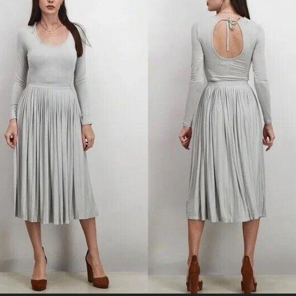 NEW Avec Les Filles Pleated long sleeves Scoop neck Dress in Grey Women's size M